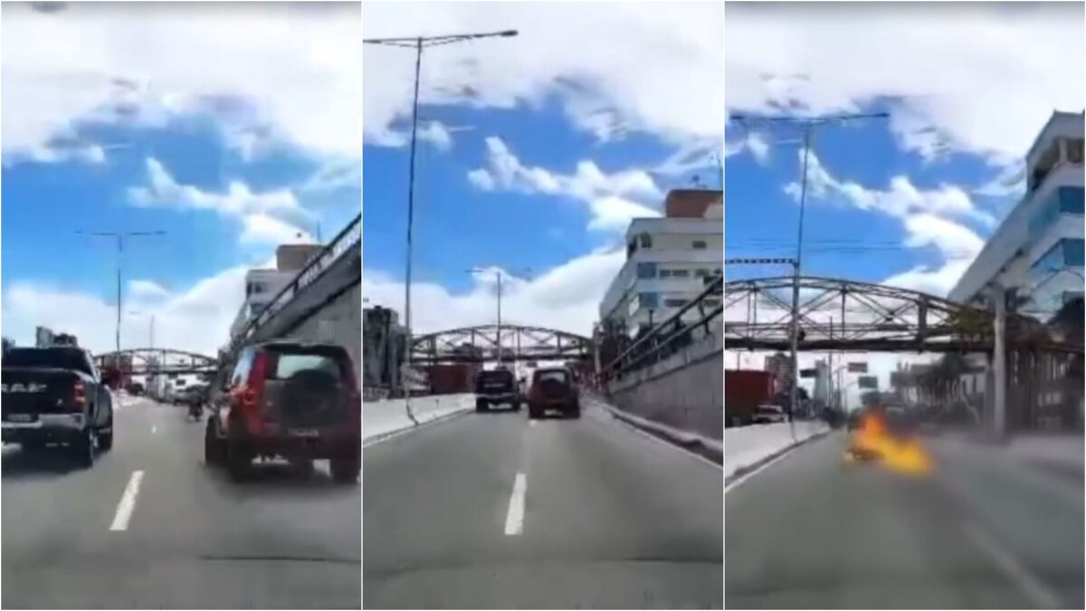Vídeo mostra moto pegando fogo após colisão na Salgado Filho